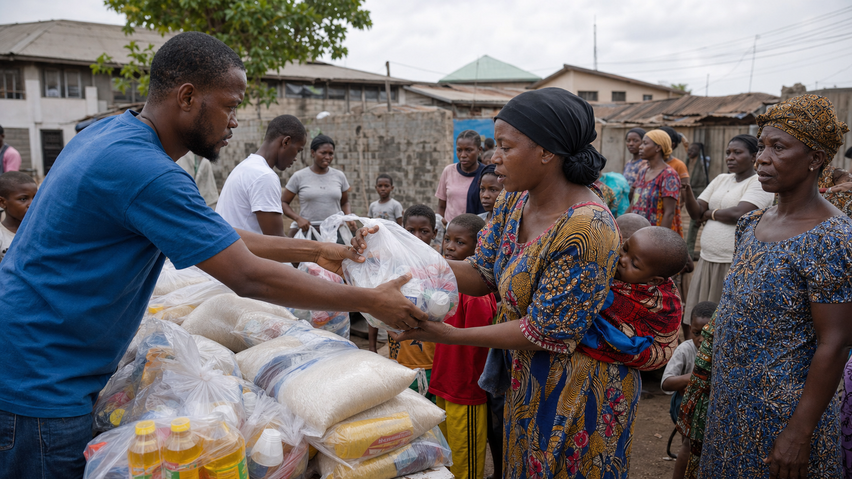 Volunteers meeting a family during a community relief drive