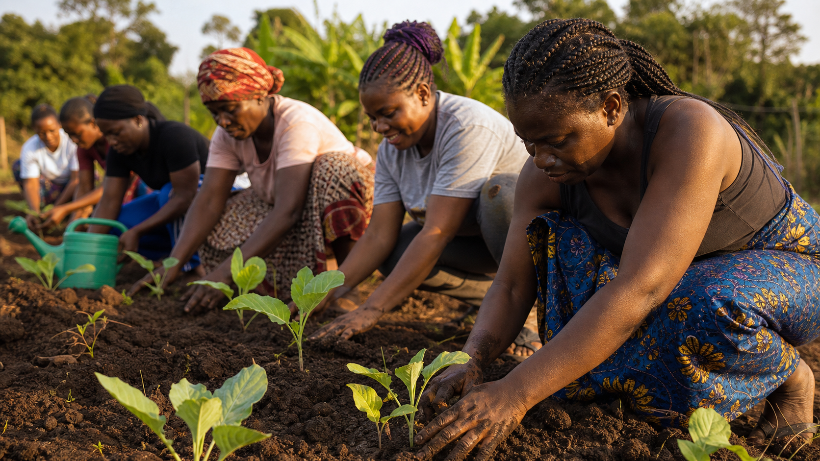 Women planting seedlings in a community garden